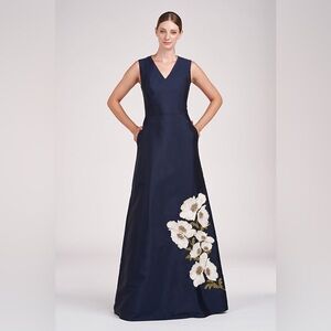 Kay Unger Aurelia mikado floral beaded v neck gown in Midnight Dark Navy blue